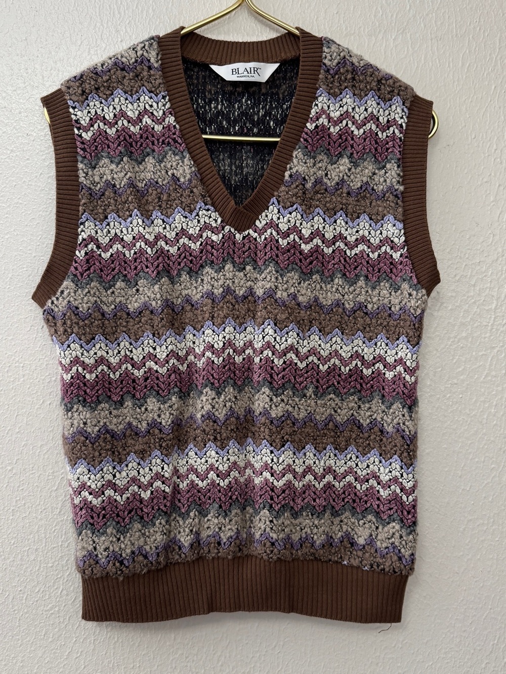 VTG Blair Sweater Vest Medium Size 18 Chevron ZigZag Knit Brown Purple